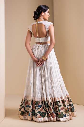 Shop_Aamra By Lavanya_Ivory Silk, Organza V-neck Placement Floral Pattern Lehenga Set _at_Aza_Fashions
