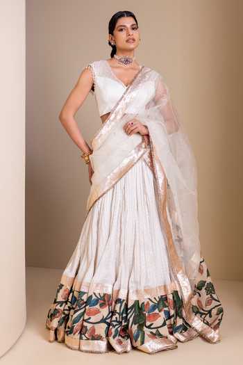Buy_Aamra By Lavanya_Ivory Silk, Organza V-neck Placement Floral Pattern Lehenga Set _Online_at_Aza_Fashions