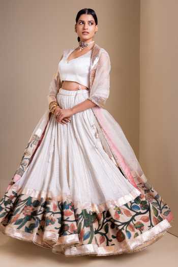 Shop_Aamra By Lavanya_Ivory Silk, Organza V-neck Placement Floral Pattern Lehenga Set _Online_at_Aza_Fashions