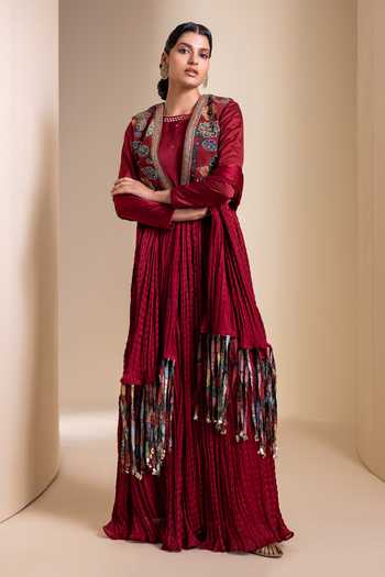 Aamra By Lavanya_Maroon Silk Round , Open Kalamkari Pattern Jacket And Anarkali Set _Online_at_Aza_Fashions