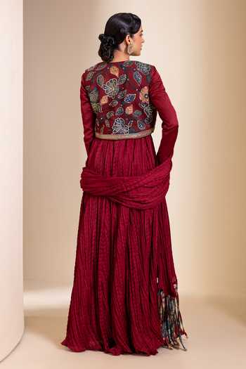 Shop_Aamra By Lavanya_Maroon Silk Round , Open Kalamkari Pattern Jacket And Anarkali Set _at_Aza_Fashions