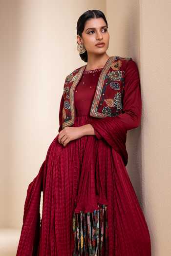 Buy_Aamra By Lavanya_Maroon Silk Round , Open Kalamkari Pattern Jacket And Anarkali Set _Online_at_Aza_Fashions