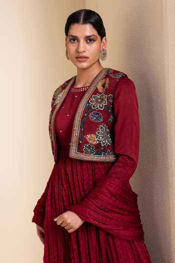 Shop_Aamra By Lavanya_Maroon Silk Round , Open Kalamkari Pattern Jacket And Anarkali Set _Online_at_Aza_Fashions