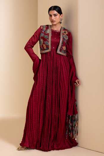 Aamra By Lavanya_Maroon Silk Round , Open Kalamkari Pattern Jacket And Anarkali Set _at_Aza_Fashions