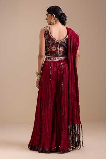 Shop_Aamra By Lavanya_Maroon Silk Embroidery, Mirrors, Kalamkari Pattern Cropped Top Palazzo Set _at_Aza_Fashions