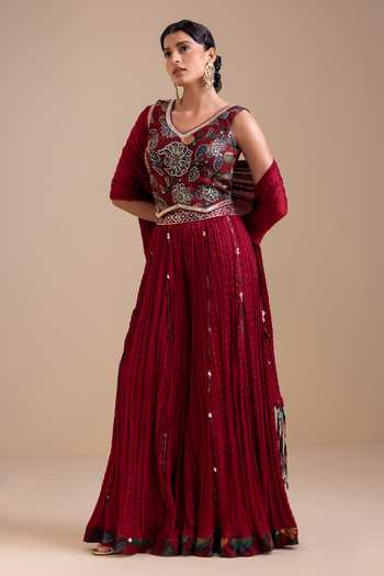 Aamra By Lavanya_Maroon Silk Embroidery, Mirrors, Kalamkari Pattern Cropped Top Palazzo Set _Online_at_Aza_Fashions