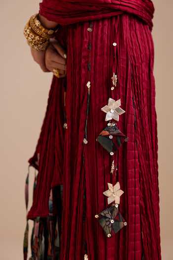 Buy_Aamra By Lavanya_Maroon Silk Embroidery, Mirrors, Kalamkari Pattern Cropped Top Palazzo Set _Online_at_Aza_Fashions