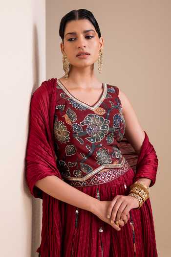 Shop_Aamra By Lavanya_Maroon Silk Embroidery, Mirrors, Kalamkari Pattern Cropped Top Palazzo Set _Online_at_Aza_Fashions