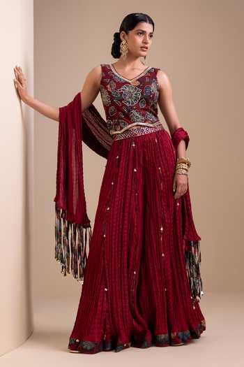 Aamra By Lavanya_Maroon Silk Embroidery, Mirrors, Kalamkari Pattern Cropped Top Palazzo Set _at_Aza_Fashions