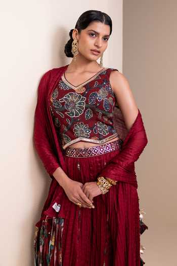 Buy_Aamra By Lavanya_Maroon Silk Embroidery, Mirrors, Kalamkari Pattern Cropped Top Palazzo Set 