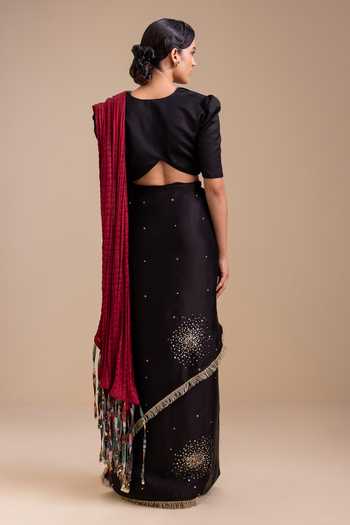 Shop_Aamra By Lavanya_Black Silk, Satin V-neck Hand Embroidered Pre-draped Saree Set _at_Aza_Fashions