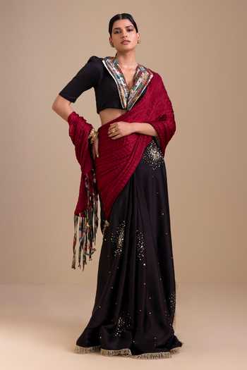 Aamra By Lavanya_Black Silk, Satin V-neck Hand Embroidered Pre-draped Saree Set _Online_at_Aza_Fashions