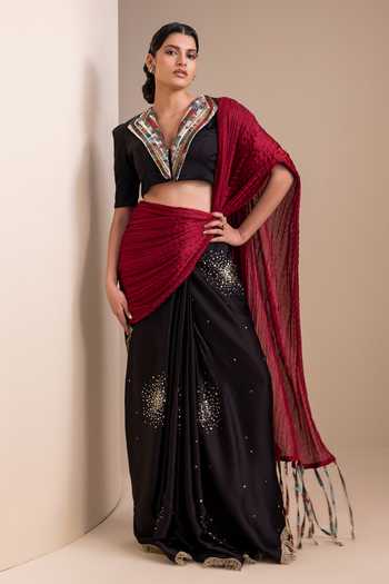 Buy_Aamra By Lavanya_Black Silk, Satin V-neck Hand Embroidered Pre-draped Saree Set _Online_at_Aza_Fashions