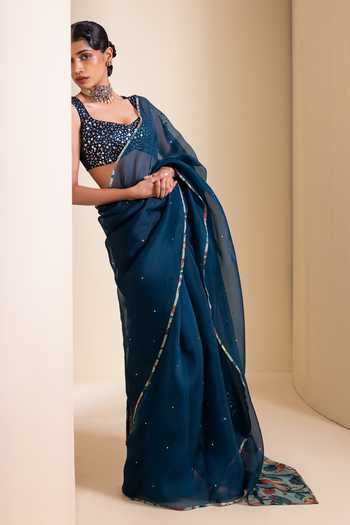 Aamra By Lavanya_Blue Silk, Organza Square Neck Sequin Blouse With Saree _Online_at_Aza_Fashions