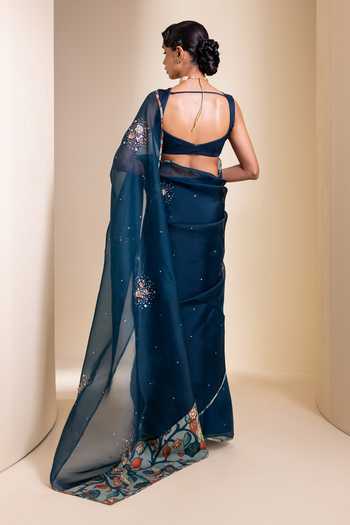 Shop_Aamra By Lavanya_Blue Silk, Organza Square Neck Sequin Blouse With Saree _at_Aza_Fashions