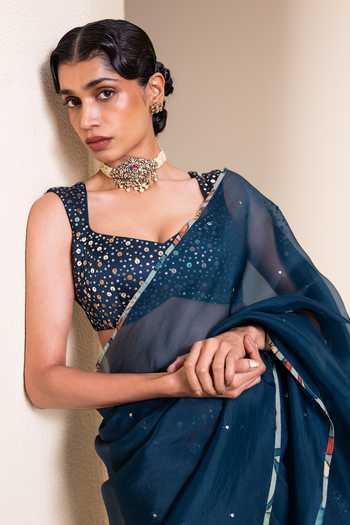Buy_Aamra By Lavanya_Blue Silk, Organza Square Neck Sequin Blouse With Saree _Online_at_Aza_Fashions