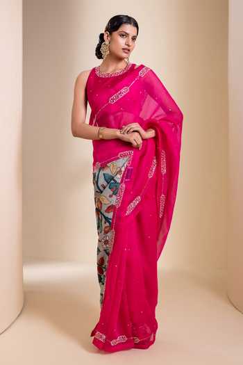 Aamra By Lavanya_Pink Silk, Organza Round Neck Hand Embroidered Saree And Blouse Set _Online_at_Aza_Fashions