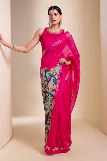 Buy_Aamra By Lavanya_Pink Silk, Organza Round Neck Hand Embroidered Saree And Blouse Set _Online_at_Aza_Fashions
