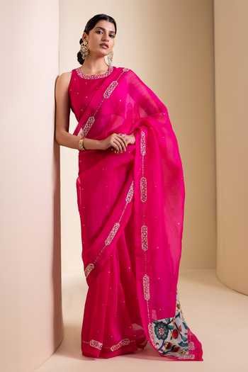 Buy_Aamra By Lavanya_Pink Silk, Organza Round Neck Hand Embroidered Saree And Blouse Set _at_Aza_Fashions