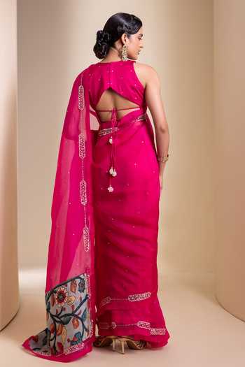 Shop_Aamra By Lavanya_Pink Silk, Organza Round Neck Hand Embroidered Saree And Blouse Set _at_Aza_Fashions