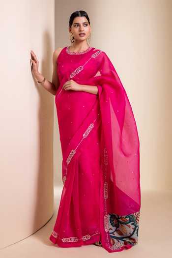 Aamra By Lavanya_Pink Silk, Organza Round Neck Hand Embroidered Saree And Blouse Set _at_Aza_Fashions