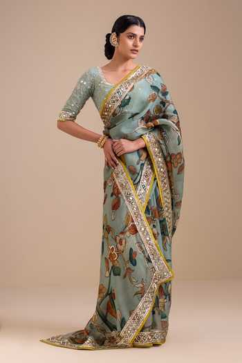 Aamra By Lavanya_Blue Organza, Georgette V-neck Hand Embroidered Blouse With Saree _Online_at_Aza_Fashions