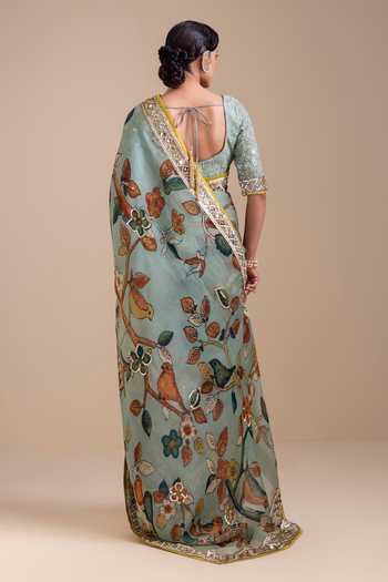 Shop_Aamra By Lavanya_Blue Organza, Georgette V-neck Hand Embroidered Blouse With Saree _at_Aza_Fashions