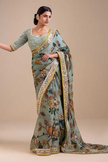 Buy_Aamra By Lavanya_Blue Organza, Georgette V-neck Hand Embroidered Blouse With Saree _Online_at_Aza_Fashions