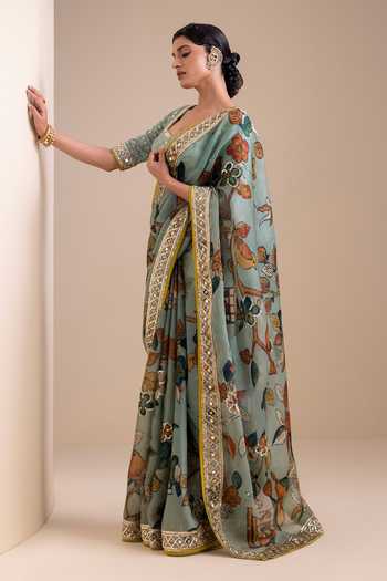 Shop_Aamra By Lavanya_Blue Organza, Georgette V-neck Hand Embroidered Blouse With Saree _Online_at_Aza_Fashions