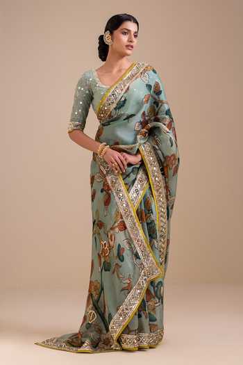 Aamra By Lavanya_Blue Organza, Georgette V-neck Hand Embroidered Blouse With Saree _at_Aza_Fashions