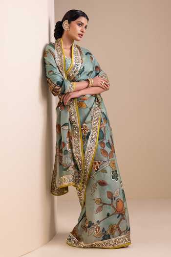 Buy_Aamra By Lavanya_Blue Organza, Georgette V-neck Hand Embroidered Blouse With Saree 