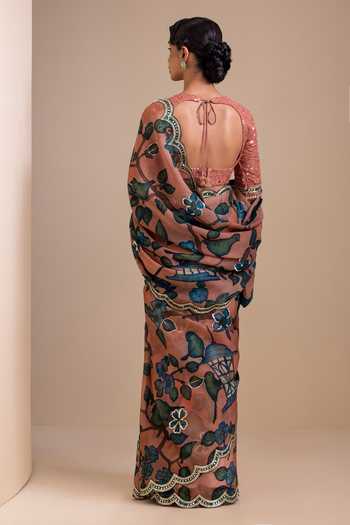 Shop_Aamra By Lavanya_Pink Organza, Georgette Round Neck Kalamkari Pattern Saree With Blouse _at_Aza_Fashions