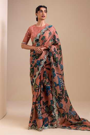 Buy_Aamra By Lavanya_Pink Organza, Georgette Round Neck Kalamkari Pattern Saree With Blouse _at_Aza_Fashions