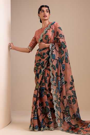 Buy_Aamra By Lavanya_Pink Organza, Georgette Round Neck Kalamkari Pattern Saree With Blouse _Online_at_Aza_Fashions