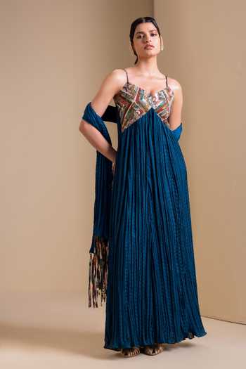 Shop_Aamra By Lavanya_Blue Silk Hand Embroidered Dupatta _at_Aza_Fashions