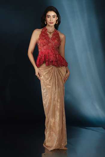 Buy_Saaj By Ankita_Gold Knit Halter Neck Pre-draped Metallic Saree With Blouse 