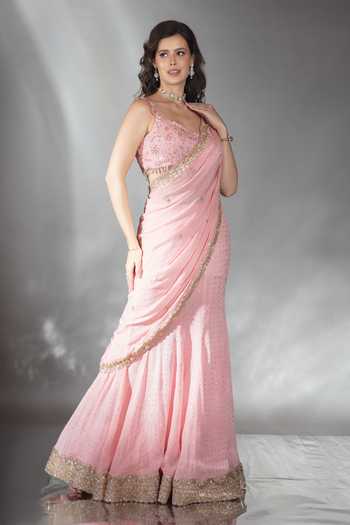 Saaj By Ankita_Pink Georgette Scoop Neck Embroidered Saree And Blouse Set _at_Aza_Fashions