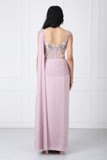 Shop_Isha Regalia_Pink Georgette, Net Embroidery, Beads, Pearls Pre-draped Saree With Bodysuit _at_Aza_Fashions
