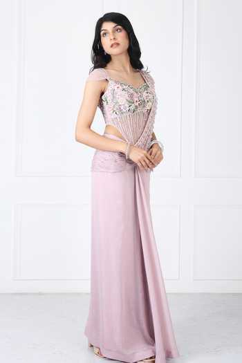 Isha Regalia_Pink Georgette, Net Embroidery, Beads, Pearls Pre-draped Saree With Bodysuit _Online_at_Aza_Fashions