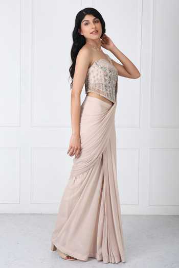 Isha Regalia_Beige Georgette, Net Pearls Pre-drape Saree With Floral Embroidered Corset _at_Aza_Fashions