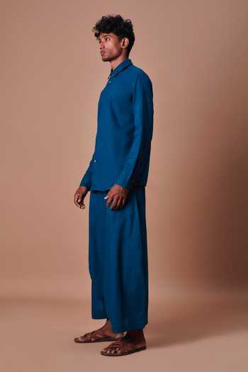MATI_Blue Cotton Teal Double Buttoned Shirt _Online_at_Aza_Fashions