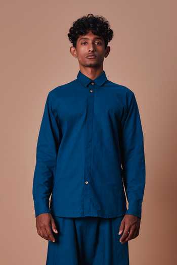 Buy_MATI_Blue Cotton Teal Double Buttoned Shirt _at_Aza_Fashions