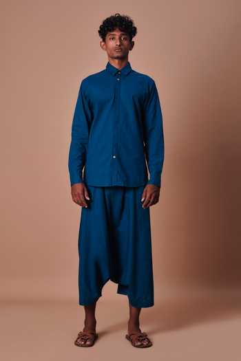 Shop_MATI_Blue Cotton Teal Double Buttoned Shirt _Online_at_Aza_Fashions