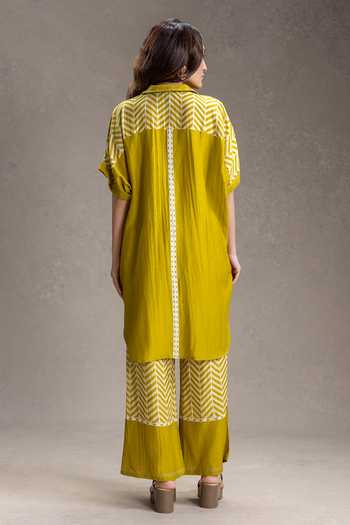 Shop_Soup By Sougat Paul_Mustard Linen Collared, Yes Kyomi Print Tunic With Pant _at_Aza_Fashions