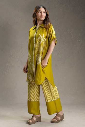Soup By Sougat Paul_Mustard Linen Collared, Yes Kyomi Print Tunic With Pant _Online_at_Aza_Fashions