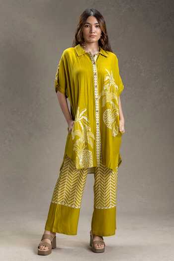 Buy_Soup By Sougat Paul_Mustard Linen Collared, Yes Kyomi Print Tunic With Pant _at_Aza_Fashions