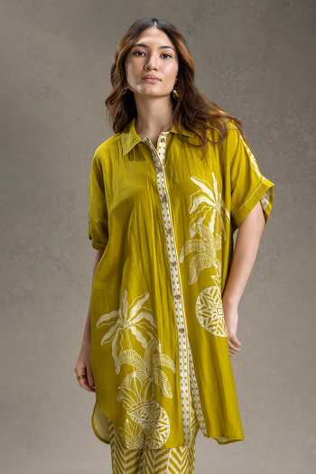 Buy_Soup By Sougat Paul_Mustard Linen Collared, Yes Kyomi Print Tunic With Pant _Online_at_Aza_Fashions
