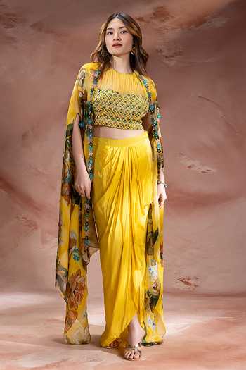 Buy_Soup By Sougat Paul_Yellow Chanderi, Crepe, Net Halter Neck Zeya Embellished Cape Skirt Set _at_Aza_Fashions