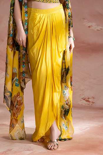 Buy_Soup By Sougat Paul_Yellow Chanderi, Crepe, Net Halter Neck Zeya Embellished Cape Skirt Set _Online_at_Aza_Fashions