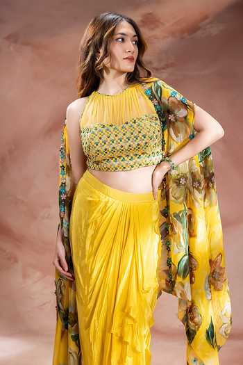 Shop_Soup By Sougat Paul_Yellow Chanderi, Crepe, Net Halter Neck Zeya Embellished Cape Skirt Set _Online_at_Aza_Fashions